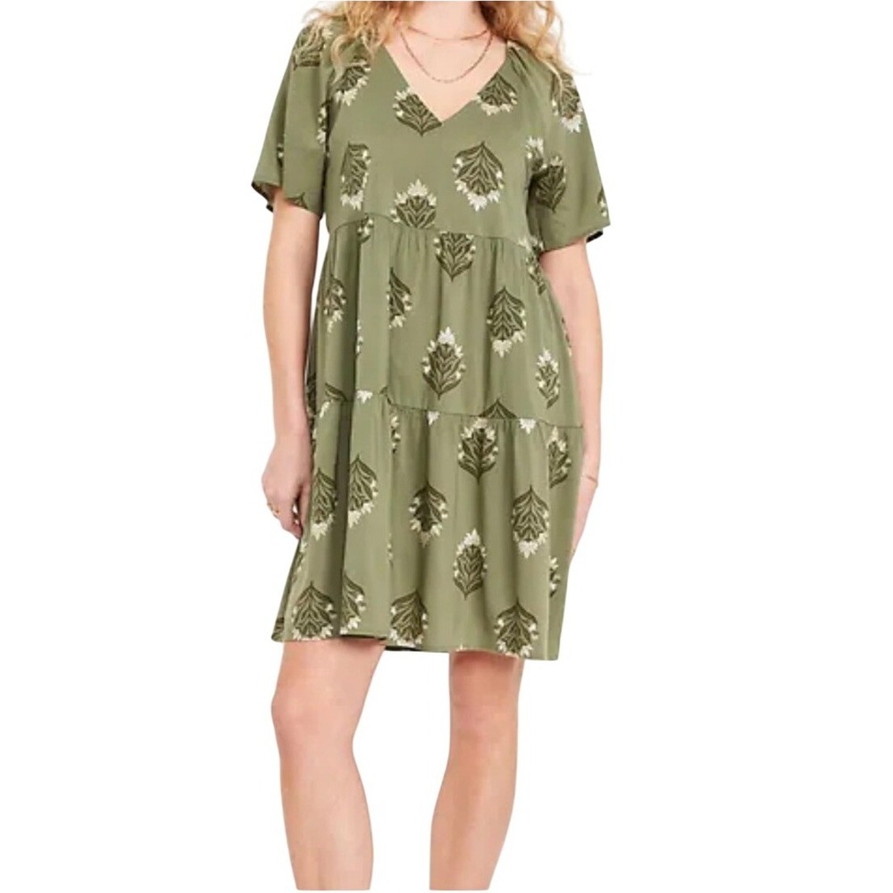 Old‎ Navy Woman's Tiered Babydoll Dress Size 2X Green Block Print Cottagecore